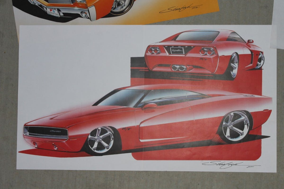 Take a last generation Dodge Charger and stir in a ’69 front and tail and you have this wonderful Mopar. Stanford kept the signature door creases but severely stretched the fastback through to the rear decklid. The quick fill gas cap on the rear left fender is a must.