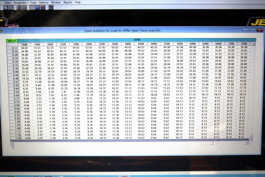 Larger injectors will require reconfiguring the stock EFI computer. This is a screen shot of spark advance vs. load vs. rpm from the JET Dynamic Spectrum Tuning software that allows making changes to the stock computer.