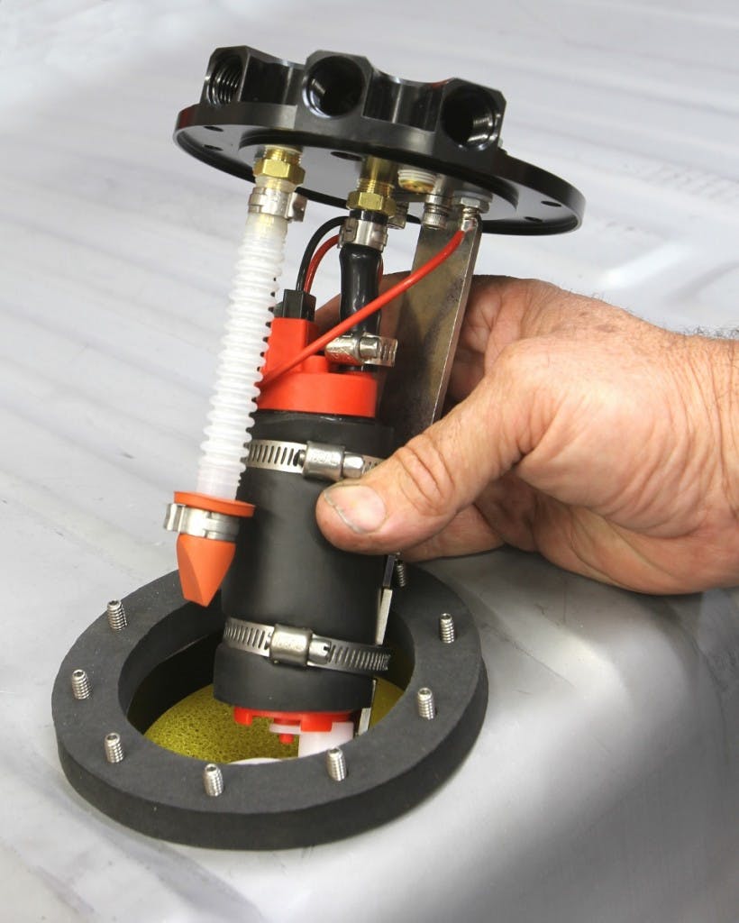 A well-designed in-tank fuel pump assembly is essential when using any EFI system regardless of engine. One of the better ideas is Aeromotive Phantom system that allows you to retro-fit one of the Stealth 340 pumps inside your stock tank. This kit creates a reservoir inside the stock tank to prevent fuel slosh from causing the fuel pressure to drop during hard braking or acceleration.