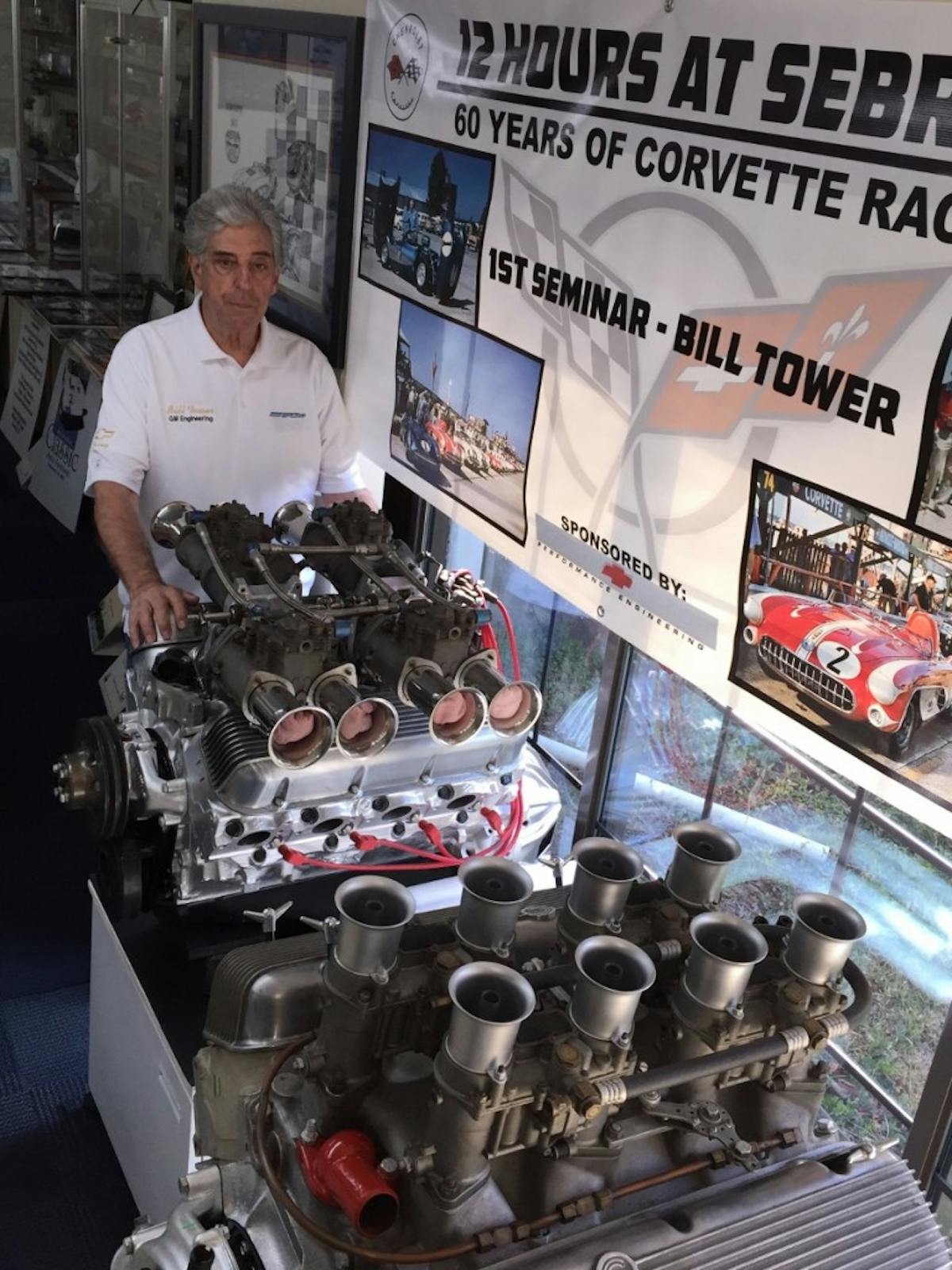 Bill Tower shows off some of his prized possessions, including the Smokey Yunick 283c.i. engine, a Can Am big-block Chevy with side draft carbs, and a hint of some other historic machines. 