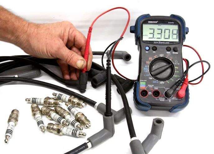 Most spark plugs will be resistor-style, but it’s important to check because non-resistor spark plugs can cause massive RFI/EMI problems for digital devices. Never run non-resistor spark plugs or solid core spark plugs wires on any engine. Quality spark plug wires use a spiral wrap around the conductor to suppress RFI/EMI, but there is much more to this story. EFI tuners tell us they’ve discovered extremely low-resistance plug wires tend to generate more RFI/EMI noise. 