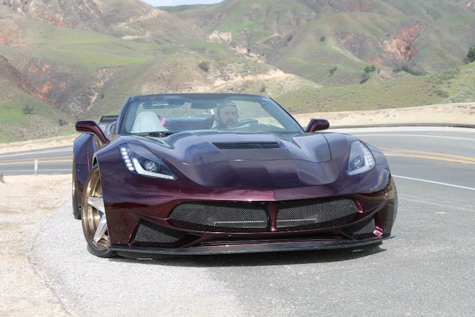 The front fascia and splitter are unique to the KG Spyder — all parts sold separately through Granatelli Motor Sports, as well. Only the hood and the doors are left from the original Corvette, all added pieces formed from carbon fiber. 