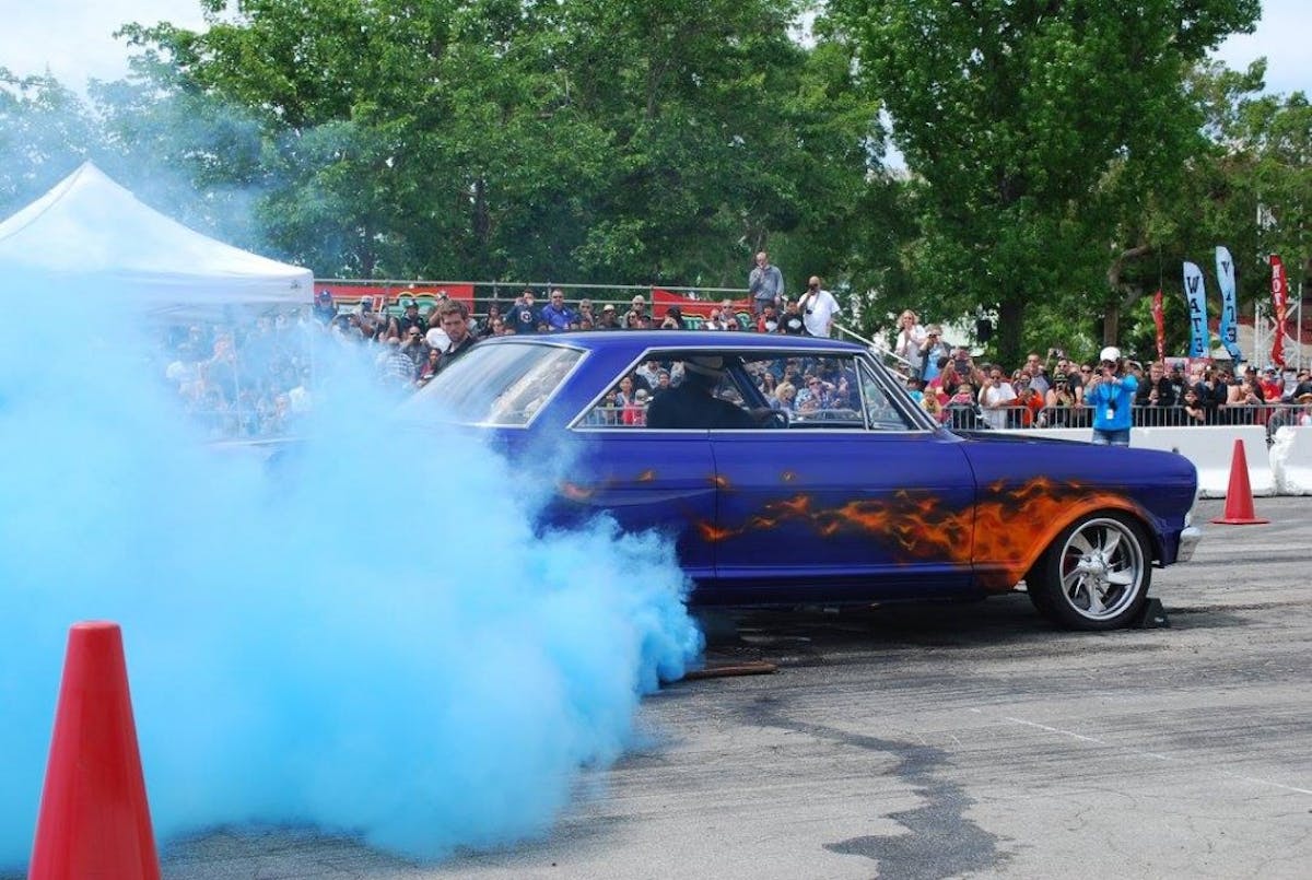 The burnout contest was especially colorful this year with blue tire smoke from this classic Chevy II