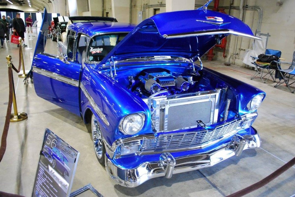 Named Tru Blue, this '56 just glowed with the vibrant blue paint scheme. Check out that air cleaner.