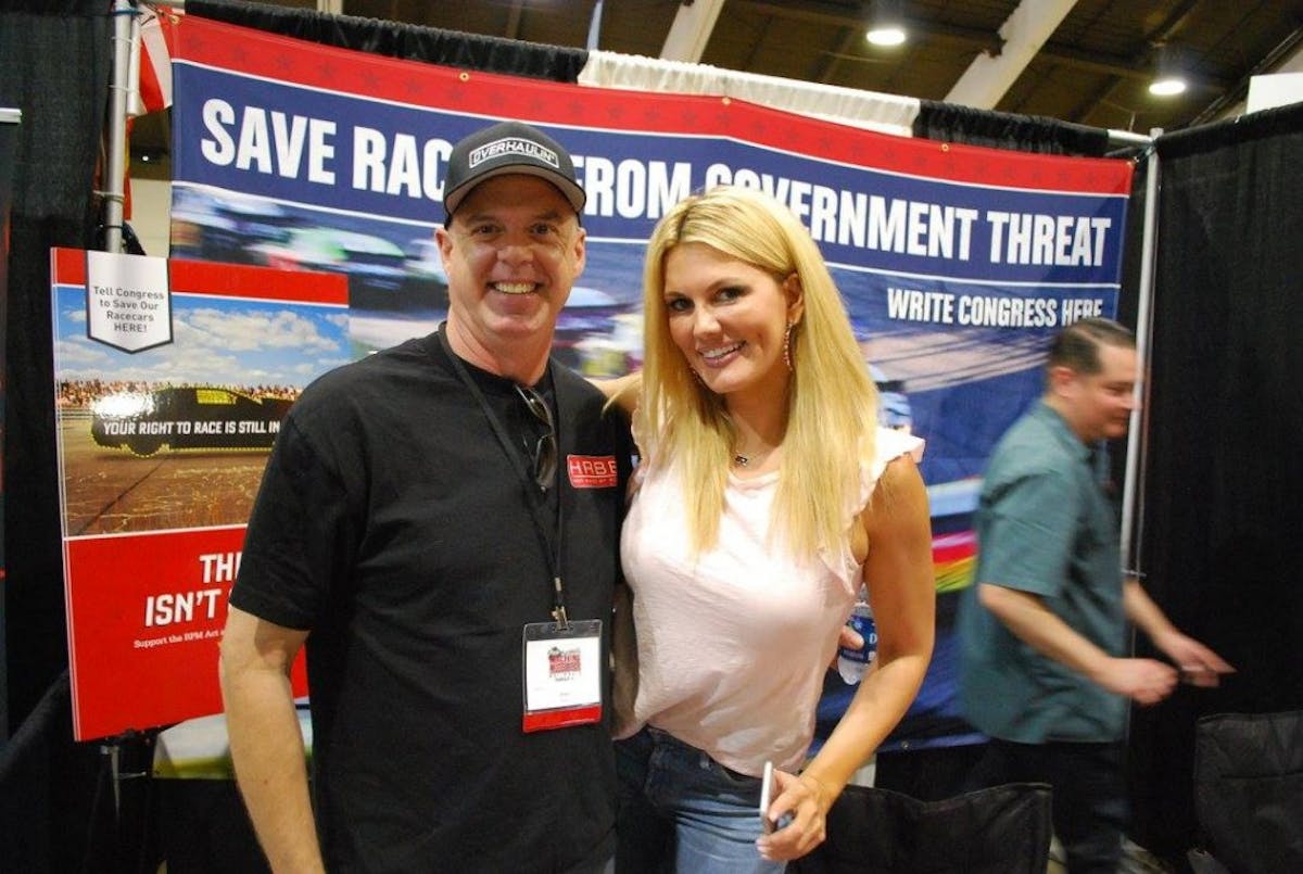 Overhaulin shows collide. At right is Mark Oja who was shop forman for five year of the famous TV show and theunfogettable Courtney Hansen who hosted the show's early episodes. 