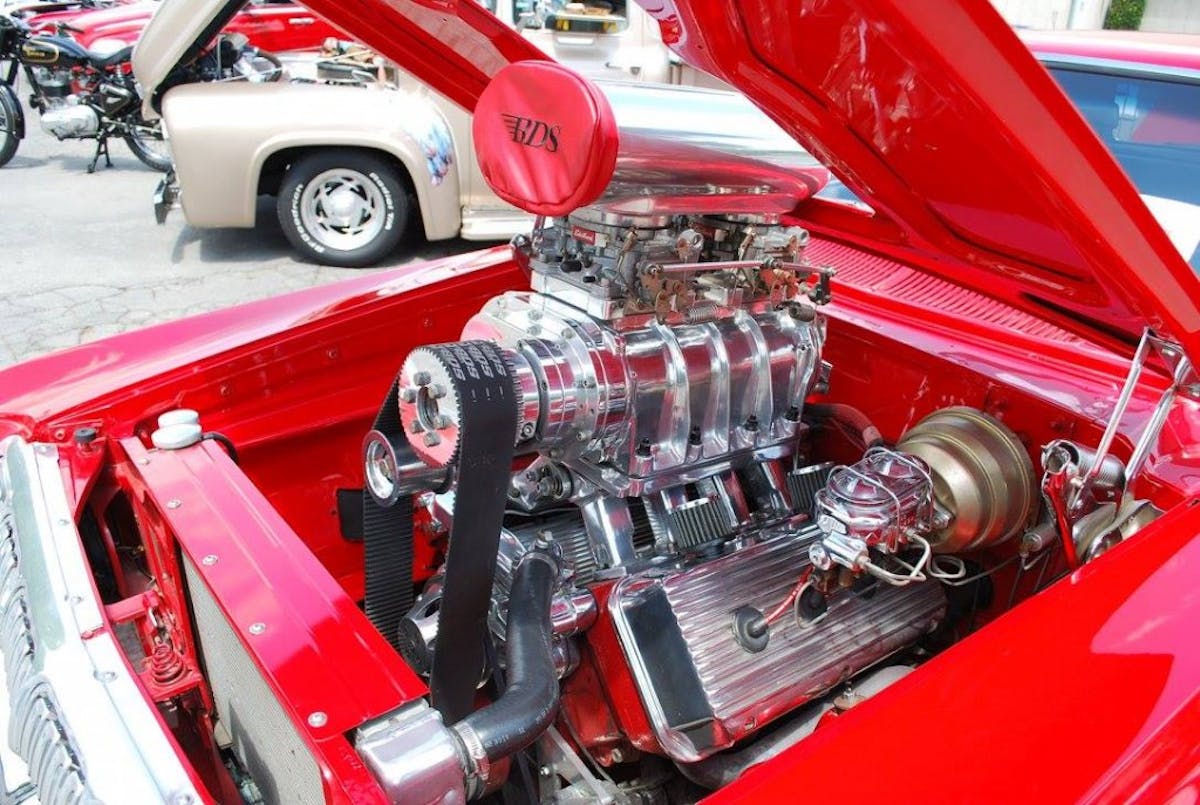 Upclose view of Dodge engine.