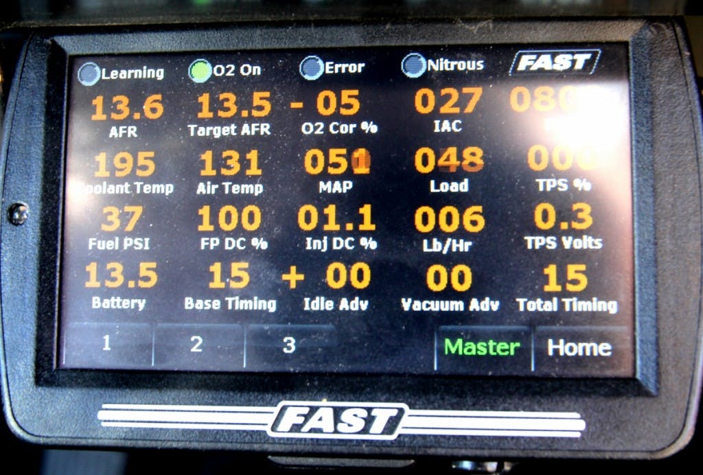 This is the main information screen on the EZ-EFI 2.0 system. Note the inlet air temperature in this example was 131 degrees. This was taken on a very mild Southern California day with the ambient air temperature at around 78 degrees using a typical open element air cleaner drawing in hot under-hood air.