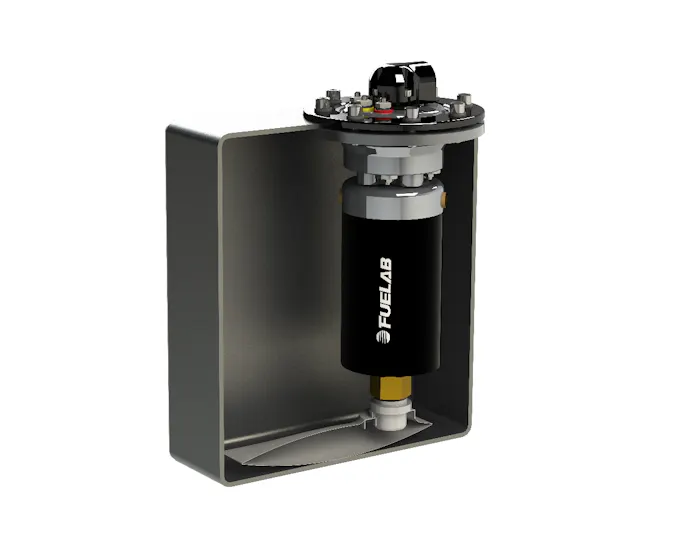 FueLab’s Prodigy in-tank pump kits offer a choice of two pumps that adapt to a stock tank using the Fabricator system. The formed reservoir retains the fuel to prevent pump starvation under fuel slosh conditions. 