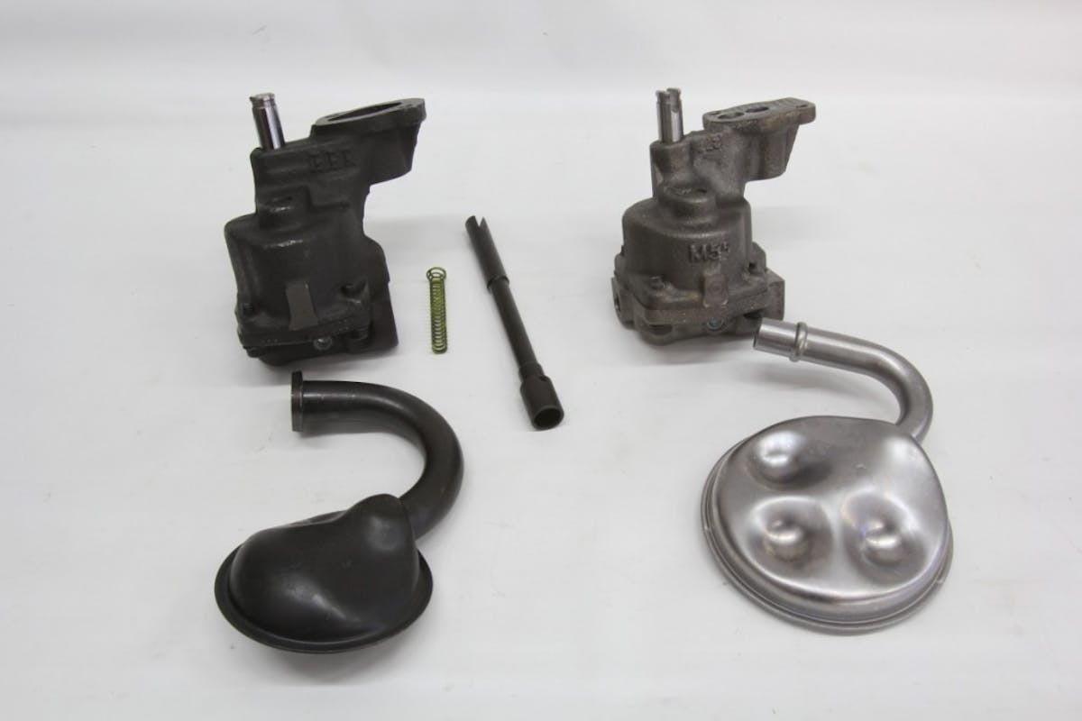 Melling’s new Shark Tooth version (left) of the traditional small-block Chevy oil pump may not look much different on the outside except for its phosphate coating, but there’s a whole lot going on inside that can pay off in better performance.