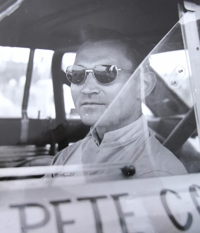 Pete head shot This is Pete Cordts at the Falcon’s first race at Willow Springs Raceway in Rosamond, California. Note the sliding Plexiglas side window.